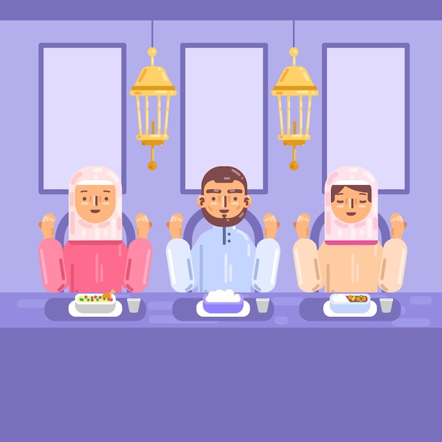 Vettore gratuito illustrazione iftar piatto con persone