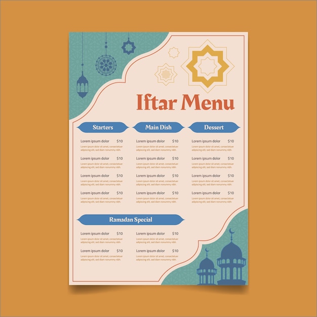 무료 벡터 라마단 축하를 위한 플랫 iftar 메뉴 템플릿
