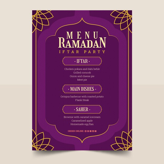 Free vector flat iftar menu template for islamic ramadan celebration