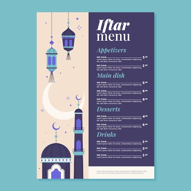 Flat iftar menu template for islamic ramadan celebration
