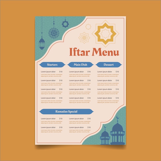 Free vector flat iftar menu template for ramadan celebration