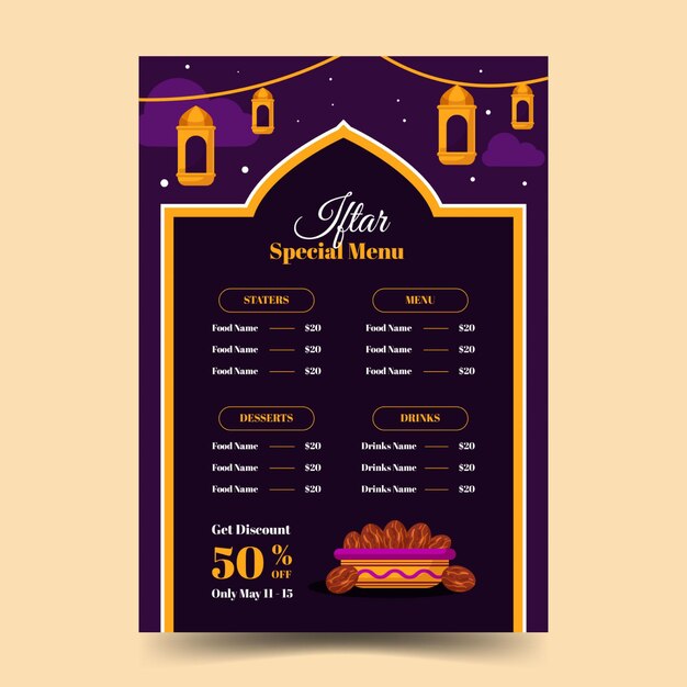 Плоский шаблон меню ифтара