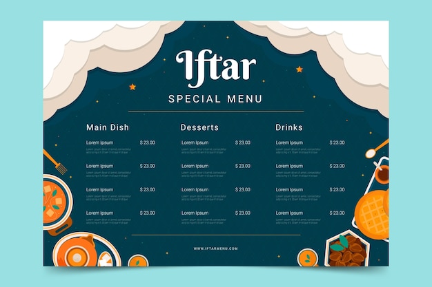 Vettore gratuito modello di menu iftar piatto