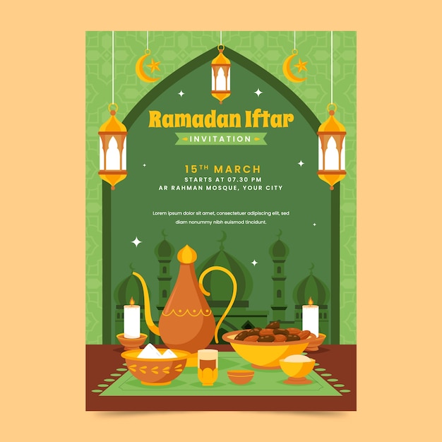 Vettore gratuito modello di invito alla festa di iftar per la celebrazione islamica del ramadan.