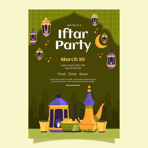 Free vector flat iftar party invitation template for islamic ramadan celebration