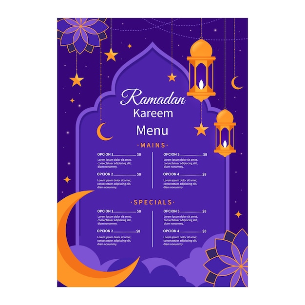 Free vector flat iftar party menu template for islamic ramadan celebration