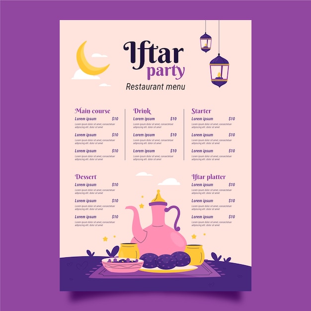 Бесплатное векторное изображение Плоский шаблон меню вечеринки ифтар