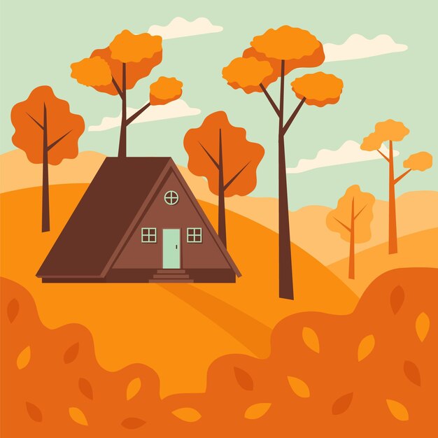 Flat illustration of autumn houses in the forest