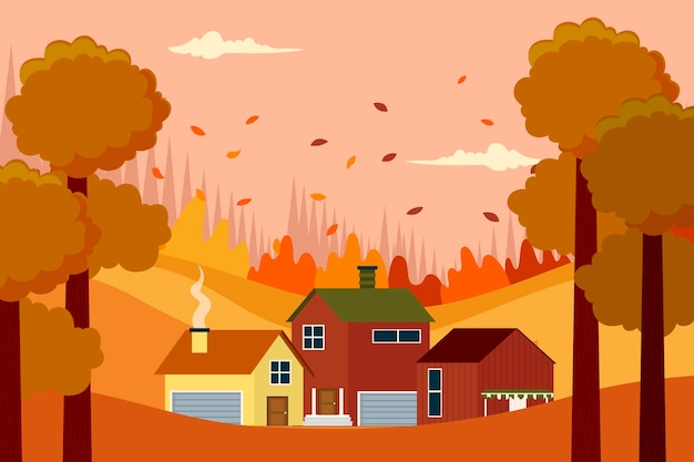 Flat illustration of autumn houses in the forest