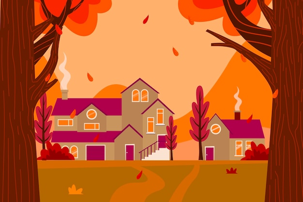 Flat illustration of autumn houses in the forest