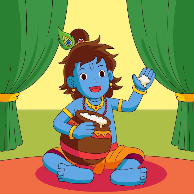 Free Vector flat illustration of baby krishna eating butter