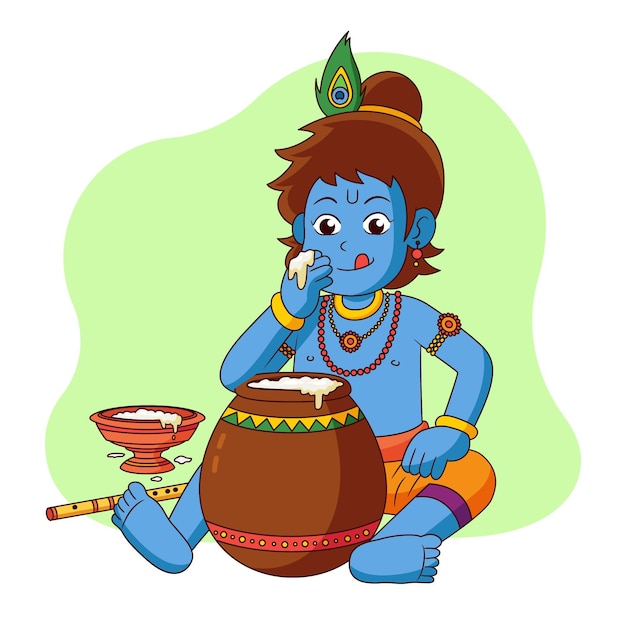 Flat illustration of baby krishna eating butter