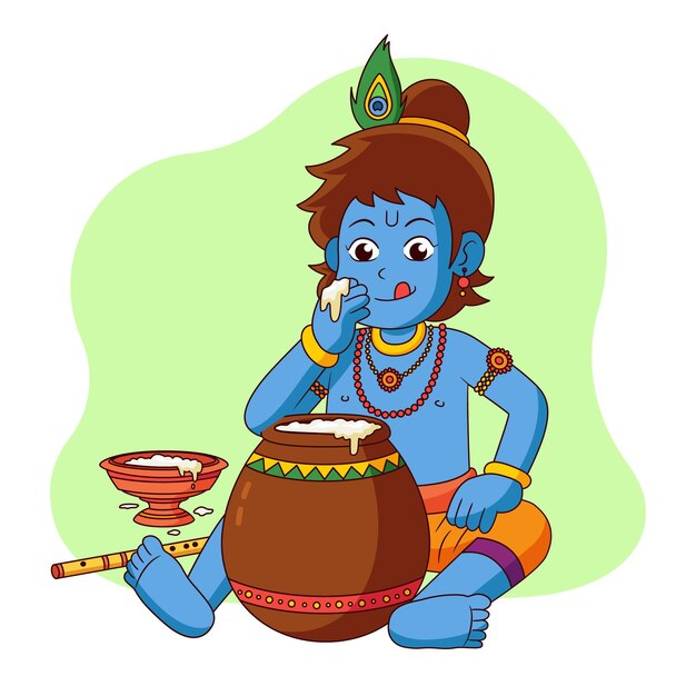 Flat illustration of baby krishna eating butter