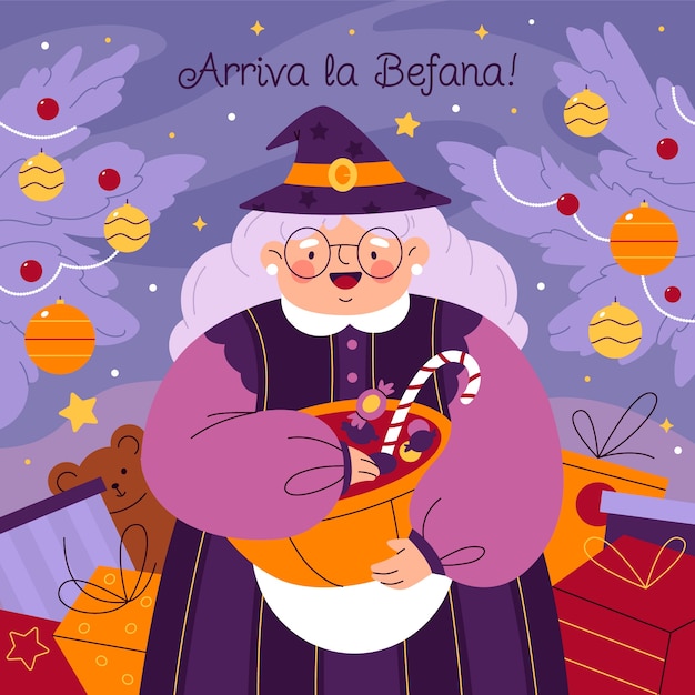 Vettore gratuito illustrazione piatta per befana