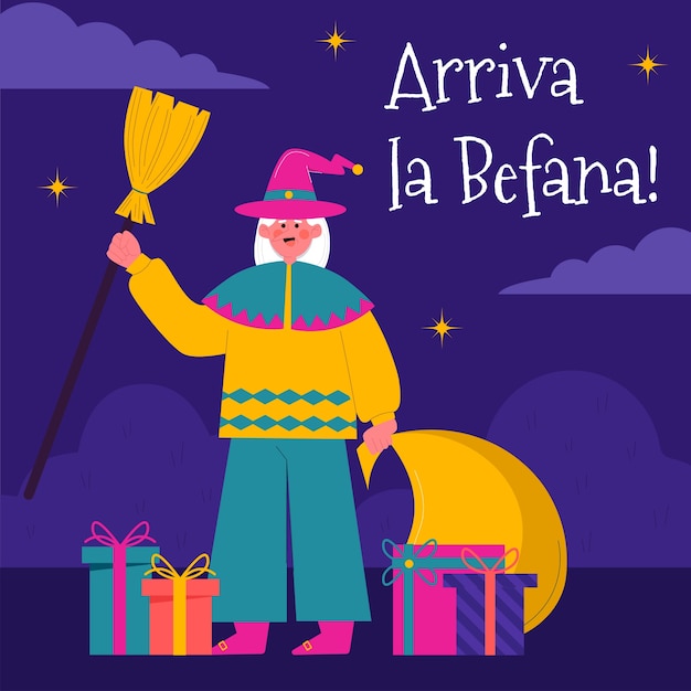 Vettore gratuito illustrazione piatta per befana