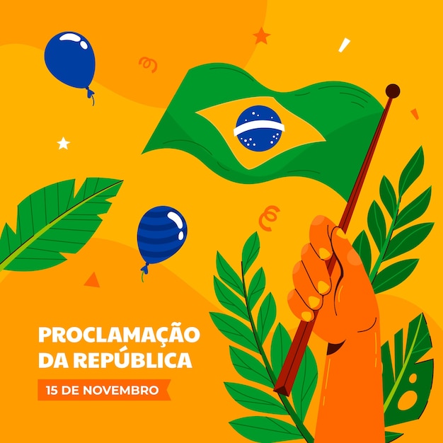 Vettore gratuito illustrazione piatta per la proclamazione della repubblica brasiliana con la bandiera che tiene la mano