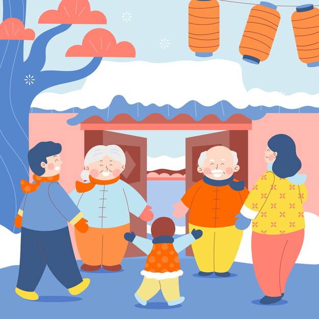 Flat illustration for chinese dongzhi festival with people and lanterns