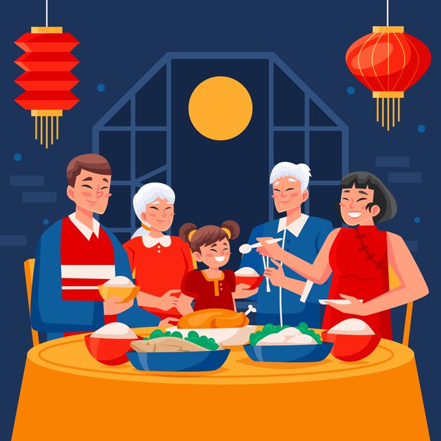 Плоская иллюстрация для китайского новогоднего ужина.