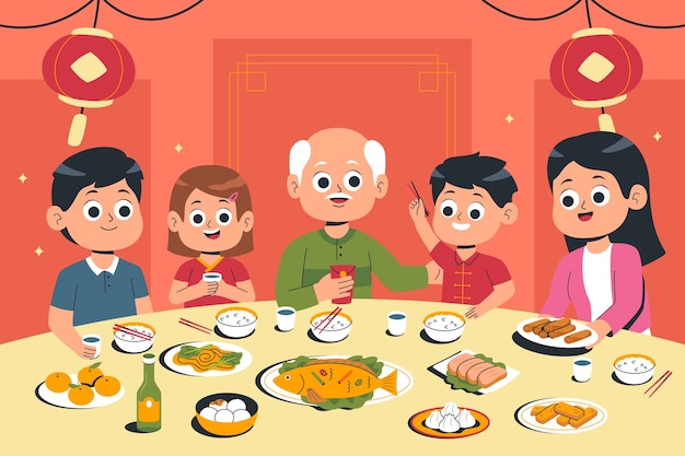 Плоская иллюстрация для китайского новогоднего ужина.
