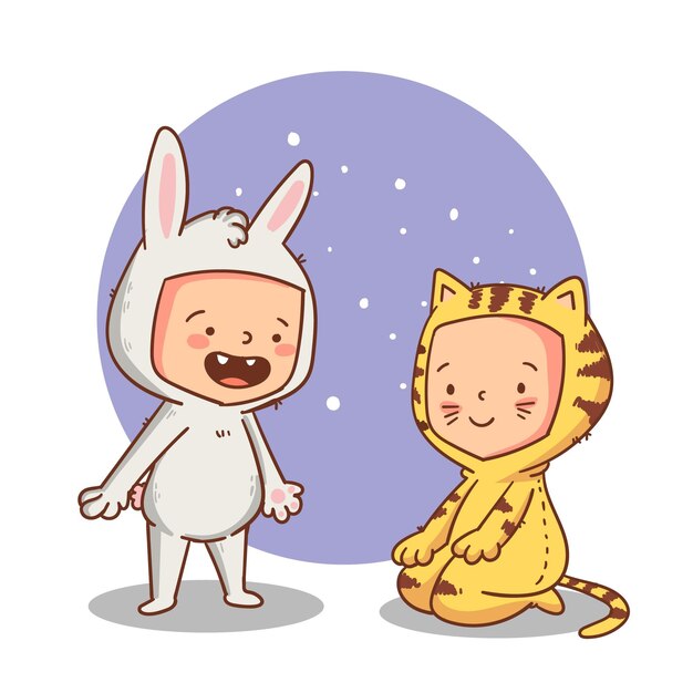 ハロウィーンの衣装でかわいい子供たちのフラットイラスト