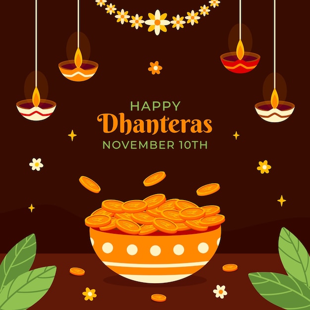 Vettore gratuito illustrazione piatta per dhanteras con monete e candele