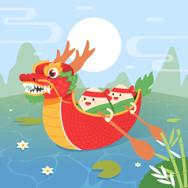中国のドラゴン ボート フェスティバルのお祝いのフラットの図