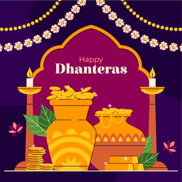 Dhanteras 축제 축하를 위한 평면 그림