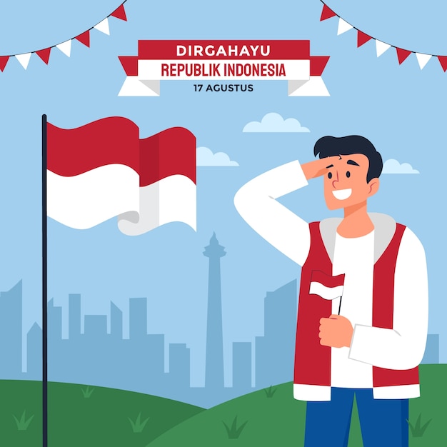 무료 벡터 인도네시아 독립 기념일 축하를 위한 평면 그림