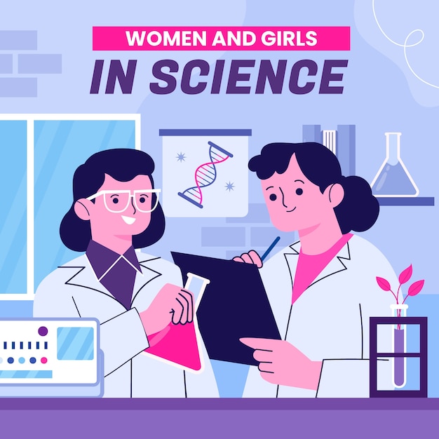 無料ベクター 科学における女性と女の子の国際日のためのフラットイラスト