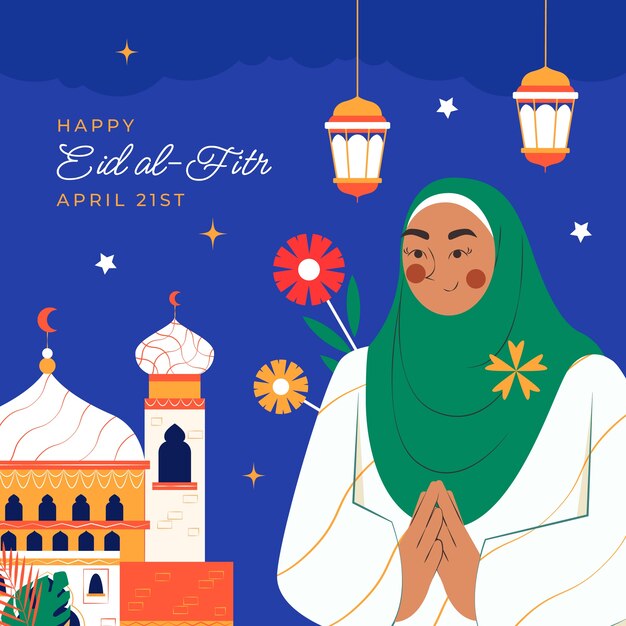 無料ベクター イスラムのイード アル フィトル祭のお祝いのフラットの図