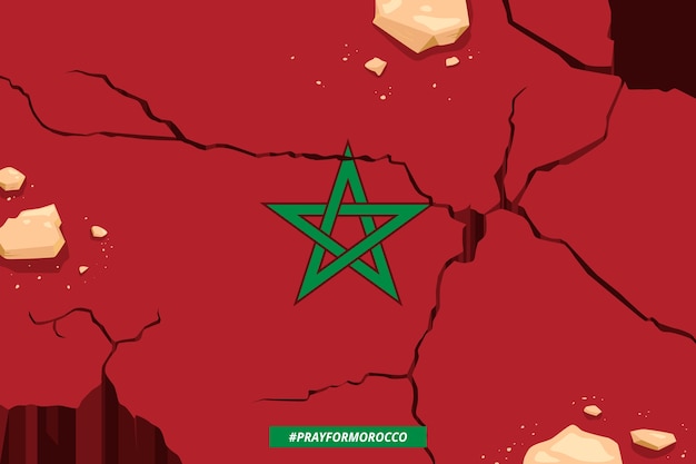 Плоская иллюстрация землетрясения в марокко со сломанным флагом и трещинами