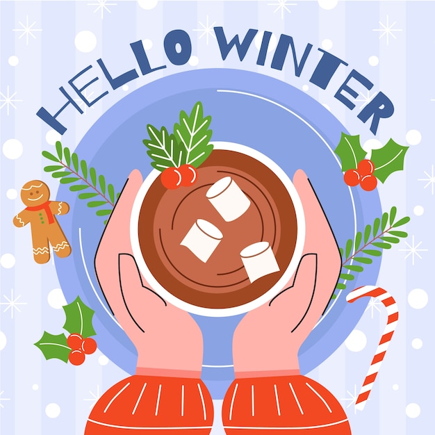 Бесплатное векторное изображение Плоская иллюстрация к зимнему сезону с руками, держащими горячий напиток