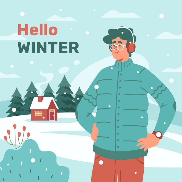 Плоская иллюстрация к зимнему сезону с мужчиной в наушниках