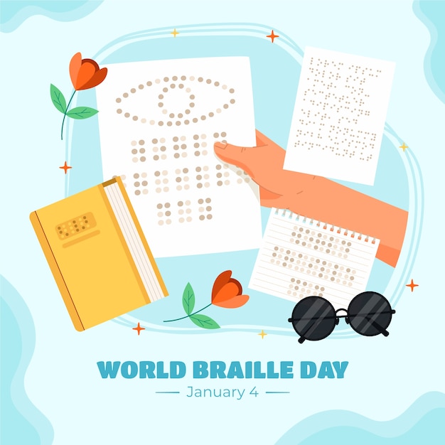 無料ベクター 世界ブライエル文字の日のためのフラットイラスト