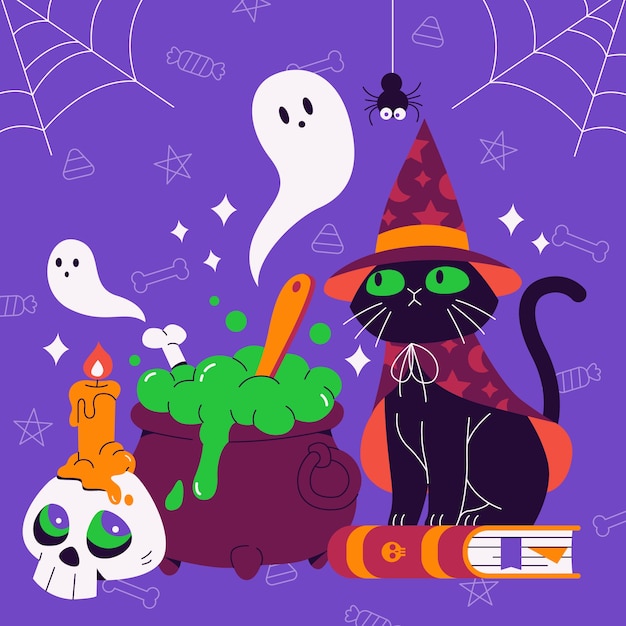 Vettore gratuito illustrazione piatta per la stagione di halloween con gatto nero e fantasmi
