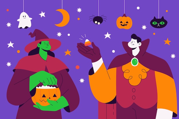 Illustrazione piatta per la stagione di halloween con strega e vampiro