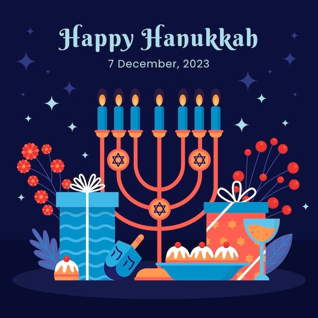 Vettore gratuito illustrazione piatta per la celebrazione di hanukkah con menorah e regali