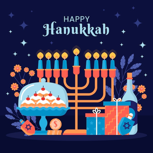 Vettore gratuito illustrazione piatta per la celebrazione di hanukkah con menorah e regali