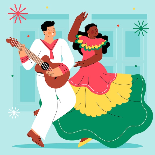 踊る女性とギターを弾く男性とカルタヘナ独立のフラットの図