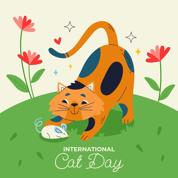 Vettore gratuito illustrazione piatta per la celebrazione della giornata internazionale del gatto