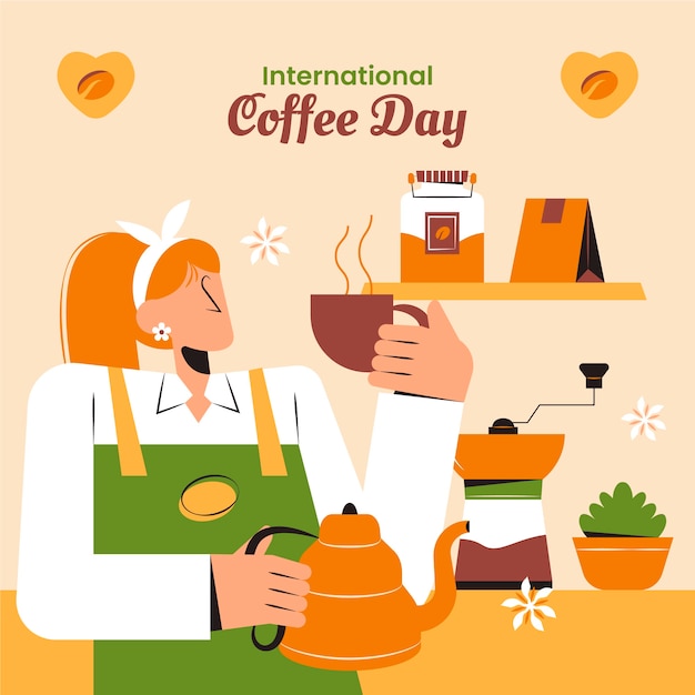 国際コーヒーデーのお祝いのためのフラットイラスト