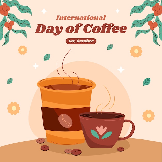 国際コーヒーデーの祝賀のためのフラットイラスト