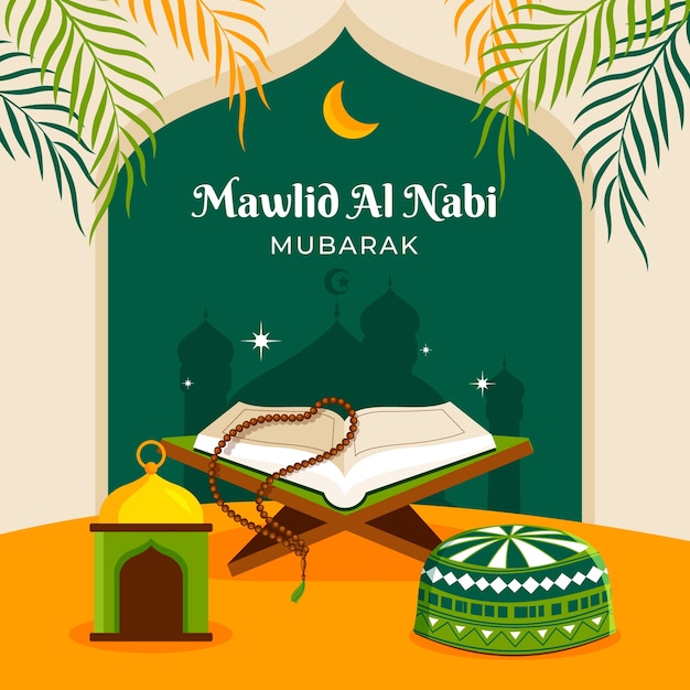 Flat illustration for islamic mawlid al-nabi holiday celebration