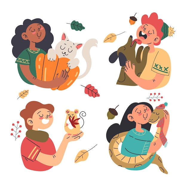 Flat illustration of kids with pets in autumn