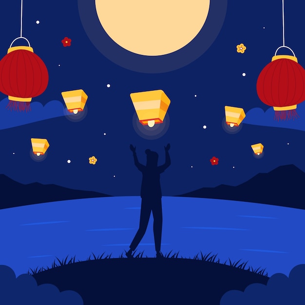 Flat illustration for lantern festival celebration