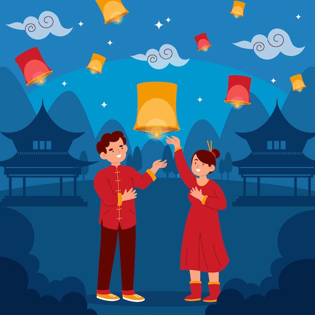 Flat illustration for lantern festival celebration