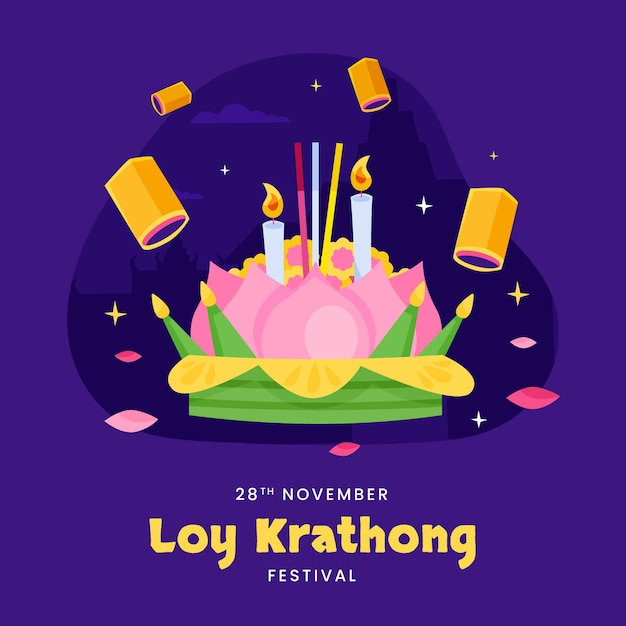 Flat illustration for loy krathong thai festival celebration