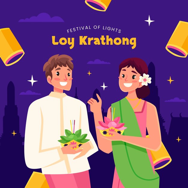 Flat illustration for loy krathong thai festival celebration