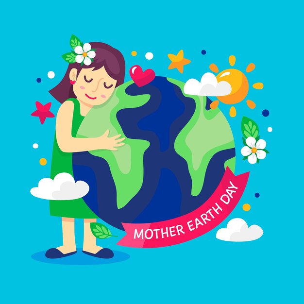 Flat illustration of mother earth hugging the planet