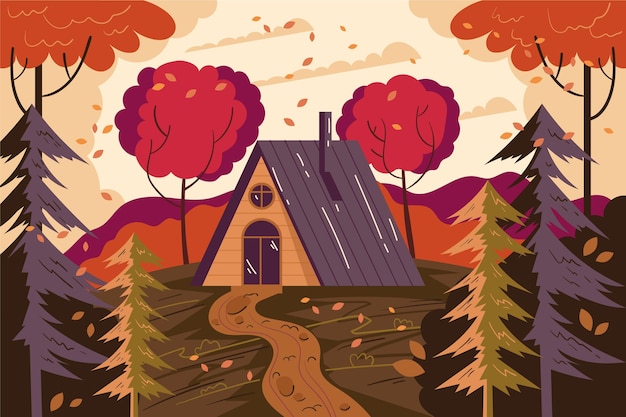 Плоский рисунок осенних домов в лесу